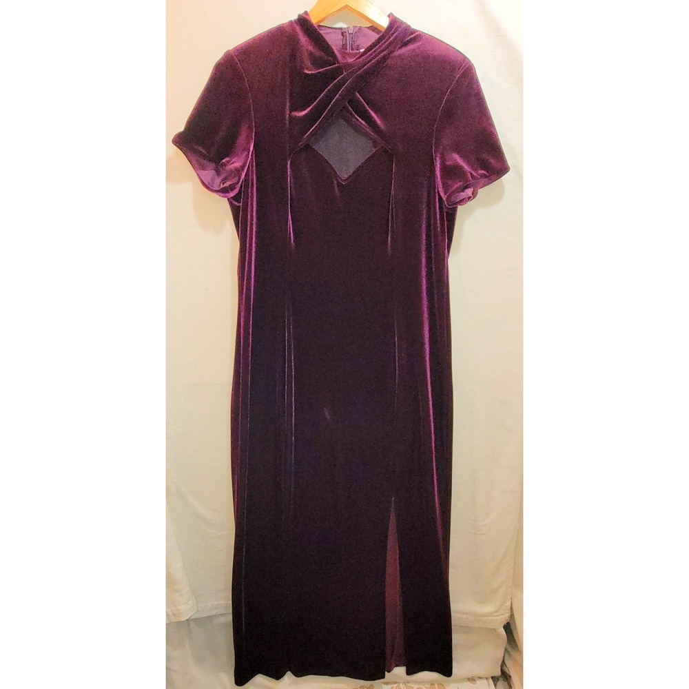 SL Fashions Plum Purple Velvet Long Dress Sz 16 Twist Neck Mesh Cutout Slit
